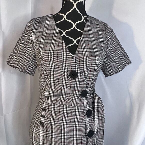 Nic & Jo Black & White Plaid Tie Side Wrap Bodycon Dress Button Detail Sz Small - Picture 4 of 11